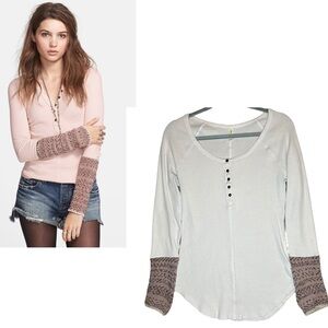 FREE PEOPLE Ivory Newbie Alpine Knit Cuff Thermal Henley Top L